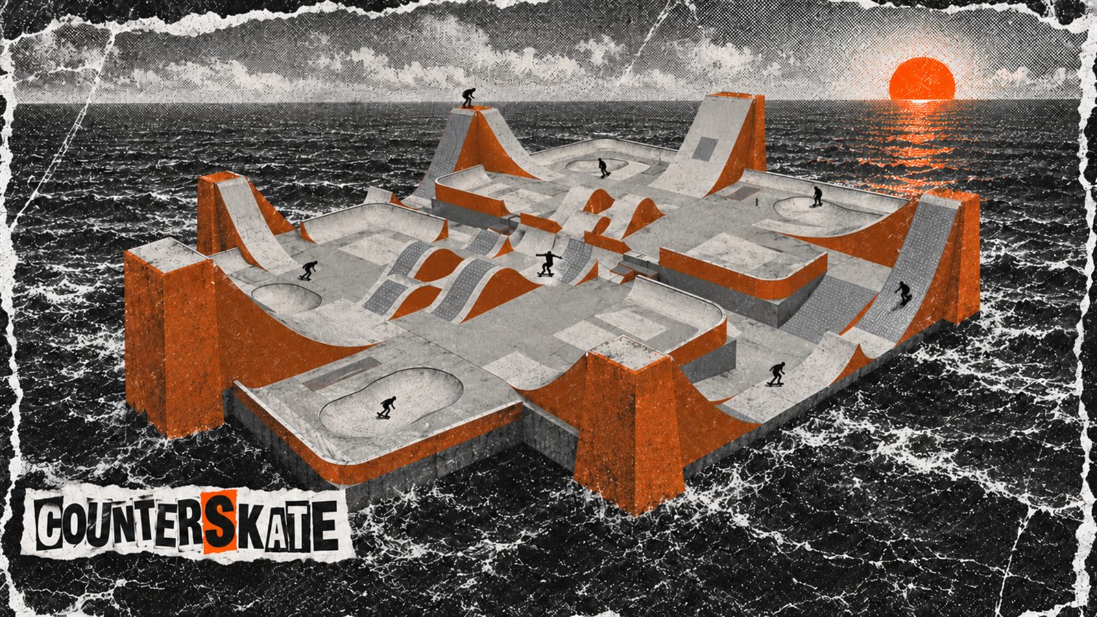 Halftone view of the Counterskate park on a concrete platform in the sea, with four orange corner towers